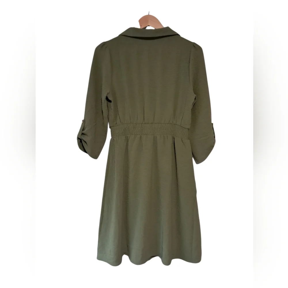 Naïf green shirt dress, front tie 3/4 sleeve - Picture 5 of 6
